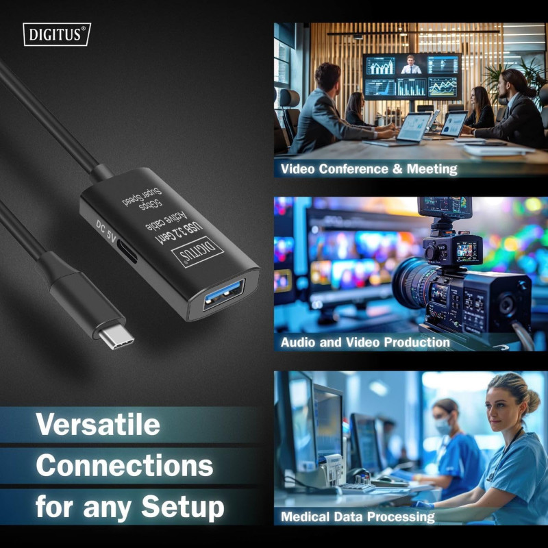 Digitus Подовжувач USB 3.2 Gen1 Active Cable 5G, C/M-A/F, 10м, чорний