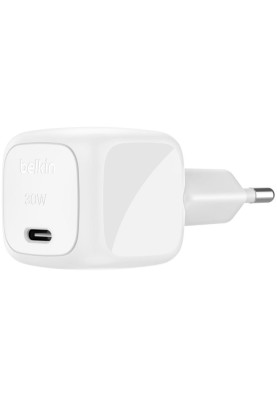 Belkin Зарядний пристрій мережевий 30Вт USB-С PD PPS, кабель USB-С > USB-C, 1м, PVC, білий
