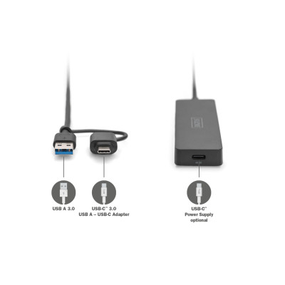 Digitus Хаб DIGITUS USB-A/C > 4хUSB-А, 1,2 м, активний (опція)