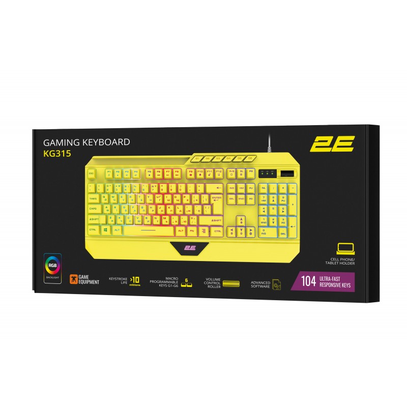 2E Gaming Клавіатура мембранна KG315 110key, USB-A, EN/UA, RGB, жовтий