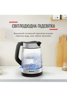 Tefal Електрочайник Glass Kettle 1.7л, скло, з підсвіткою, чорно-срібний