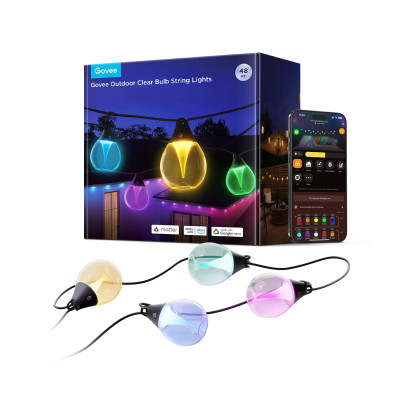 Govee Набір світлодіодних ламп H7025 Outdoor Clear Bulb String Lights, 15м, RGBIC/Warm White, WI-FI/Bluetooth, чорний