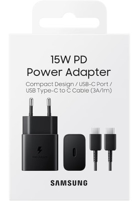 Samsung Зарядне пристрій мережевий 15Вт USB-С, кабель USB-C > USB-C, 1м, чорний