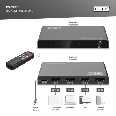 Digitus 3x1 HDMI Switch, 8K/60Hz (4:4:4), HDR, HDCP 2.3