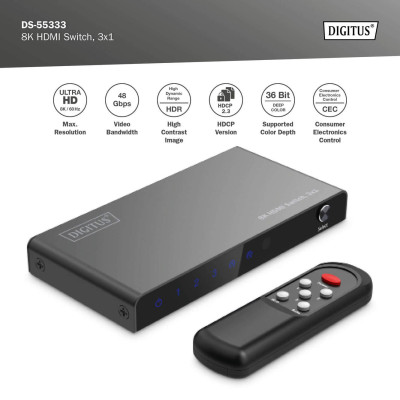 Digitus 3x1 HDMI Switch, 8K/60Hz (4:4:4), HDR, HDCP 2.3
