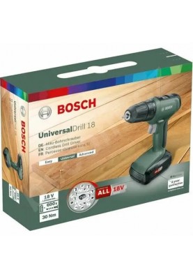 Bosch Шуруповерт-дриль UniversalDrill 18, 18В, 1.5Ач, 24Нм, 440/1450 об/хв, ЗП, 1.2кг, кейс