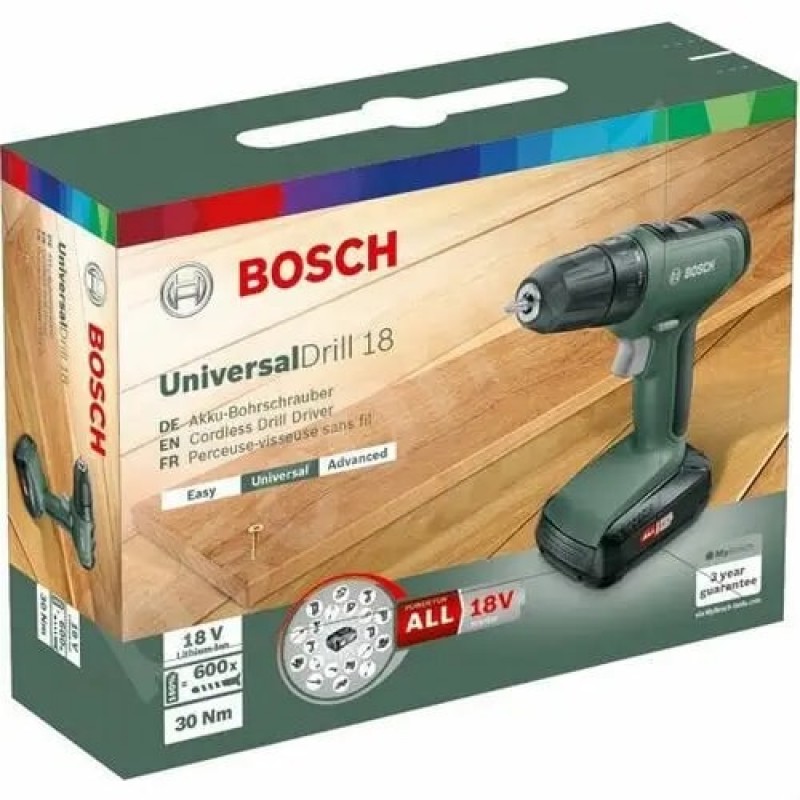 Bosch Шуруповерт-дриль UniversalDrill 18, 18В, 1.5Ач, 24Нм, 440/1450 об/хв, ЗП, 1.2кг, кейс