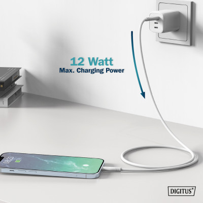 Digitus USB-A > Lightning заряджання/синхронізації, 2м, USB 2.0, 12W, силіконовий, білий