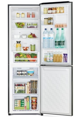 Hitachi Холодильник з нижн. мороз., 190x60х65, холод.відд.-215л, мороз.відд.-115л, 2дв., А+, NF, інв., чорний (скло)