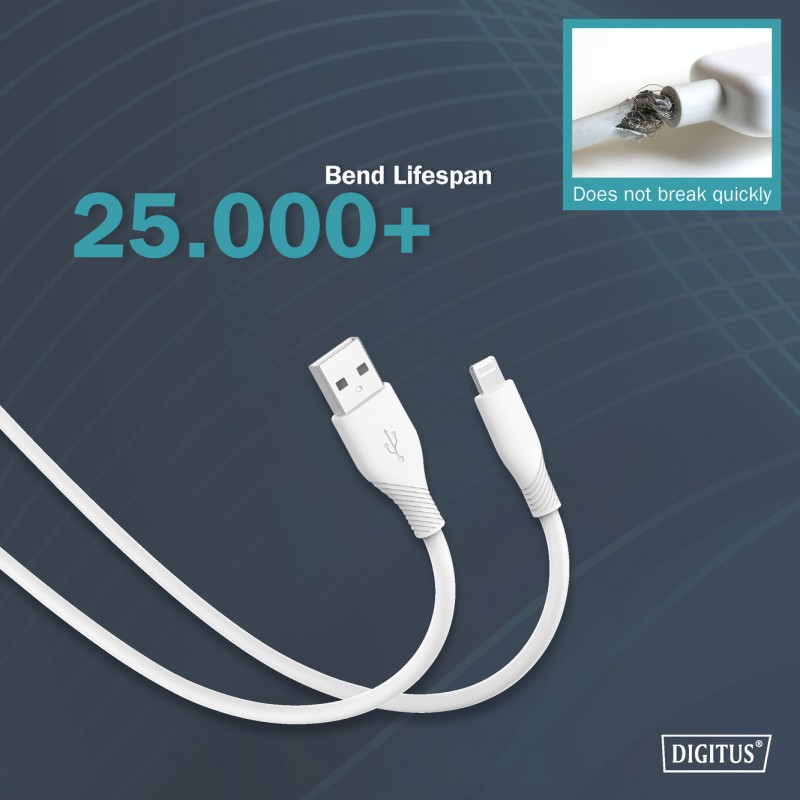 Digitus Кабель USB-A > Lightning заряджання/синхронізації, 1м, USB 2.0, 12W, силіконовий, білий