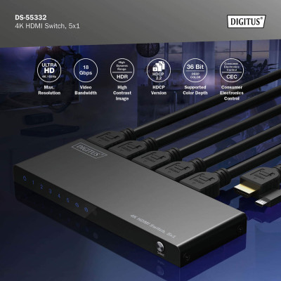 Digitus Відеокомутатор DIGITUS UHD HDMI (INx5 - OUTx1), 4K Digitus Відеокомутатор DIGITUS UHD HDMI (INx5 - OUTx1), 4K
