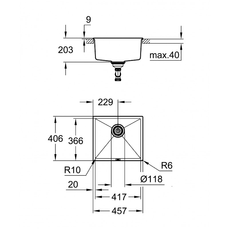 Grohe Мийка кухонна K700U, граніт, прямокут., без крила, 457x406x203мм, чаша - 1, врізна/під стільницю, сірий граніт