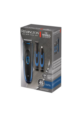 Remington Набір для стрижки The Works, мережа+акум., роторний мотор, насадок-3, тример, триммер для носа, сталь, чорно-синій