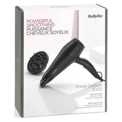BaByliss Фен, 2000Вт, 2 режими, іонізація, хол. обдув, 2 насадки, чорний