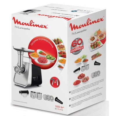 Moulinex М'ясорубка, 1600Вт, 1.9кг/хв, 3 решітки, насадка для ковбас, томатів, 3 терки, пластик/мет, чорно-срібний