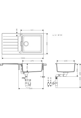 Grohe Мийка кухонна K400, граніт, прямокут., з крилом, 860x500x205мм, чаша - 1, врізна, чорний граніт