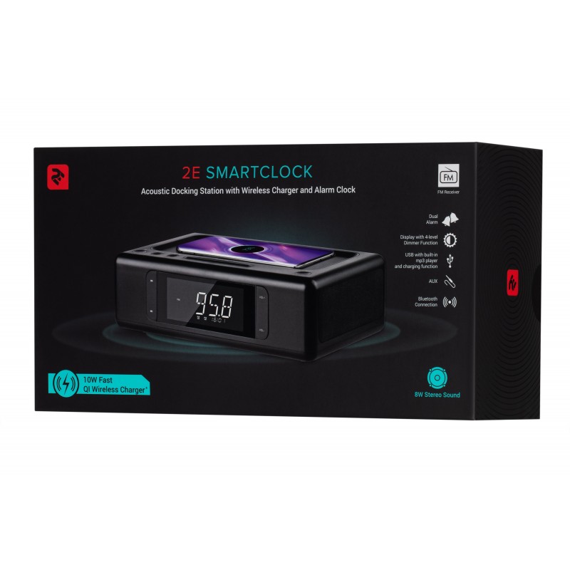 2E Акустична док-станція SmartClock Wireless Charging, Alarm Clock, Bluetooth, FM, USB, AUX Black