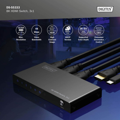 Digitus 3x1 HDMI Switch, 8K/60Hz (4:4:4), HDR, HDCP 2.3