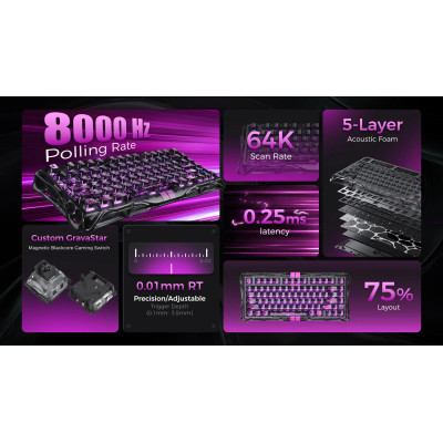 GravaStar Клавіатура механічна Mercury V75 Lite 75keys, Blackcore, USB-A, Transparent Black
