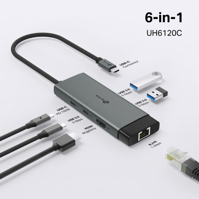 TP-Link Хаб USB UH6120C USB-A > 2xUSB3.0/1xUSB-C/1xHDMI/1xRJ-45/1xPD 100Wh