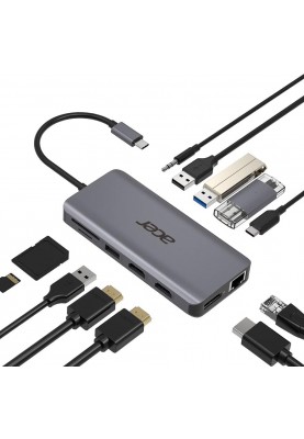 Acer Хаб USB-С > 2xUSB-A3.2/2xUSB-A2.0/SD/TF/2xHDMI/1xDP/1xRJ45/mini-jack, 0.15м, сірий