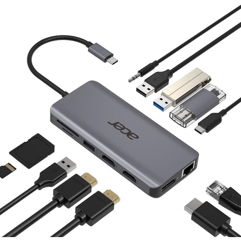 Acer Хаб USB-С > 2xUSB-A3.2/2xUSB-A2.0/SD/TF/2xHDMI/1xDP/1xRJ45/mini-jack, 0.15м, сірий