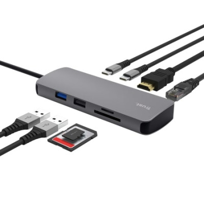 Trust Адаптер Trust Dalyx 8in1 USB-C> 1xUSB-A 3.2/USB-A 2.0/2xUSB-C/HDMI/Ehernet/SD/microSD, Алюміній, 0.15м, Сірий