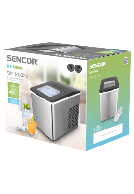 Sencor Льодогенератор побутовий SIM3400SS, 150 Вт, 12 кг/добу, об'єм 1.8л, приготування за 7 хв, 2 розміри льоду, сірий
