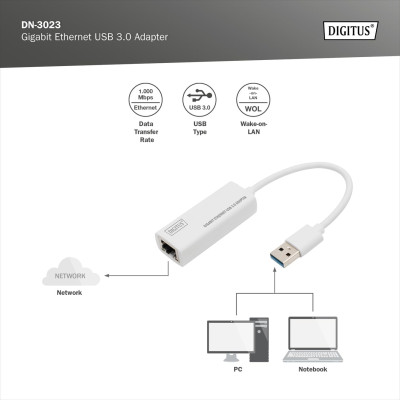 Digitus Адаптер USB 3.0 to Gigabit Ethernet, білий Digitus Адаптер USB 3.0 to Gigabit Ethernet, білий
