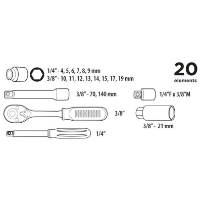 Top Tools Набір інструментів, 1/4", 3/8", 20 од Top Tools Набір інструментів, 1/4", 3/8", 20 од