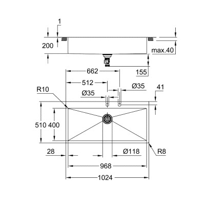 Grohe Мийка кухонная K800, нерж.сталь, прямокут., без крил, 1024x510x200мм, чаша - 1, врізна, нержавіюча сталь