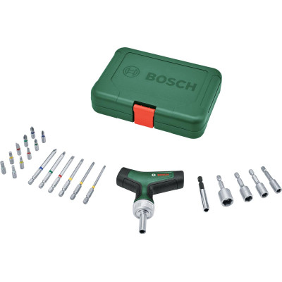 Bosch Викрутка з тріскачкою, т-підлібне руків'я, 20 насадок, 109мм, кейс, сталь CrV