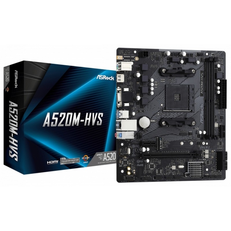 ASRock Материнська плата  A520M-HVS sAM4 A520 2xDDR4 HDMI-VGA USB 3.2 mATX