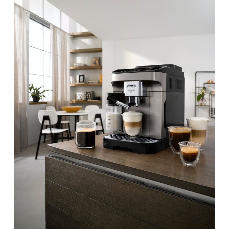 Delonghi Кавомашина Magnifica Evo, 1.8л, зерно+мелена, автомат.капуч, дисплей, авторецептів -7, графіт