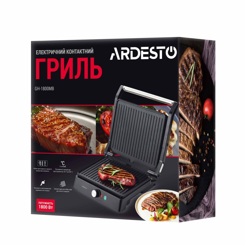 ARDESTO Гриль прижимний GH-1800MB, 1800Вт, розкриття на 180°, чорно-сріблястий