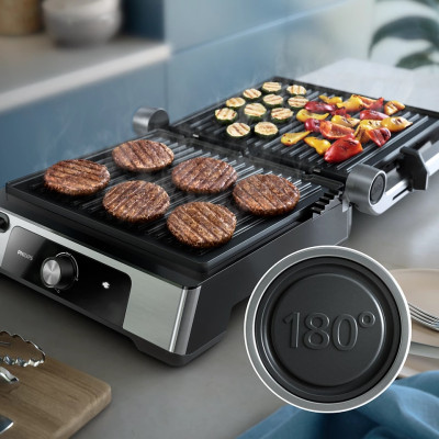 Philips Гриль притискний Series 5000, 2200Вт, з'ємні пластини, розкриття на 180°, метал