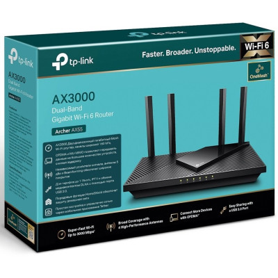 TP-Link Маршрутизатор ARCHER AX55 AX3000 4xGE LAN 1xGE WAN MU-MIMO OFDMA