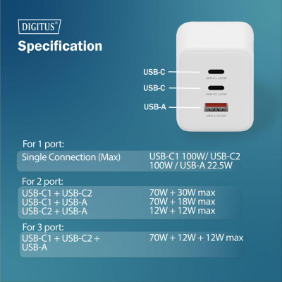 Digitus Зарядний пристрій GaN 2хUSB-C, 1хUSB-A, 100W