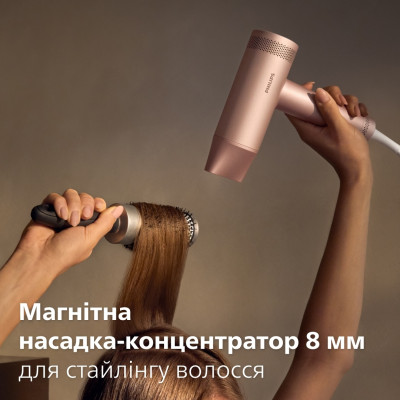 Philips Фен 8000 Series, 1400Вт, 3 режими, іонізація, хол. обдув, турборежим, рожевий