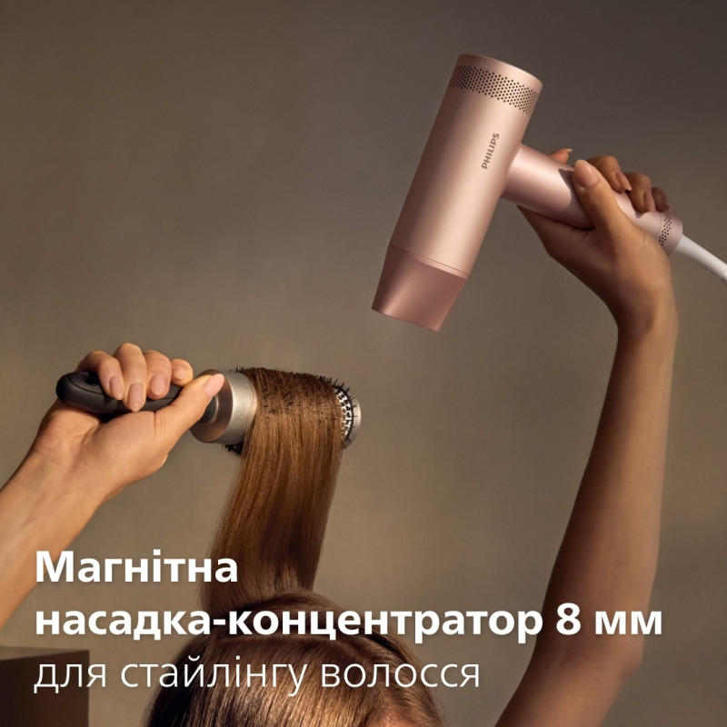 Philips Фен 8000 Series, 1400Вт, 3 режими, іонізація, хол. обдув, турборежим, рожевий
