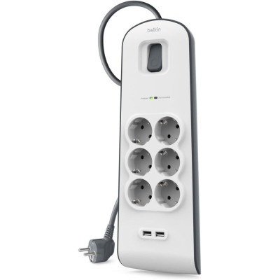Belkin Подовжувач-фільтр мережевий 6хТип F, 3x1.5мм кв, 16А, 2xUSB-A 2.4A, з захистом від перенапруги, 2м, білий