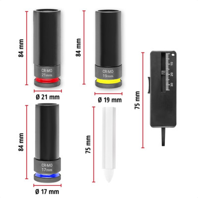 Einhell Набір ударних торцевих головок 80мм 1/2" крейда, вимірювач протектора кейс 3шт