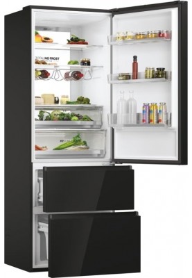 Haier Холодильник багатодверний, 200.6x70х67.5, холод.відд.-343л, мороз.відд.-140л, 3дв., А++, NF, інв., дисплей, зона нульова, чорний (скло)