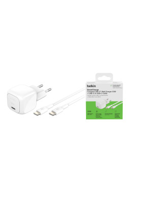 Belkin Зарядний пристрій мережевий 30Вт USB-С PD PPS, кабель USB-С > USB-C, 1м, PVC, білий