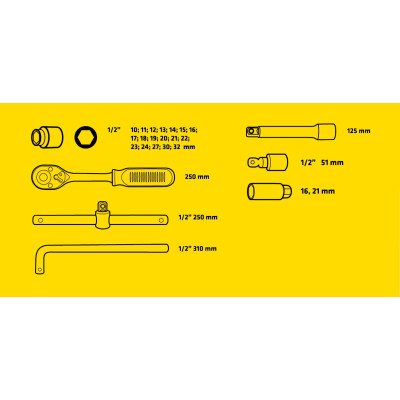 Topex Набір інструменту, Набір торцевих головок, 25 од., 1/2`, металевий кейс Topex Набір інструменту, Набір торцевих головок, 25 од., 1/2`, металевий кейс