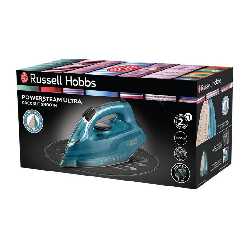 Russell Hobbs Праска Powersteam Ultra Coconut Smooth, 3100Вт, 350мл, паровий удар -230гр, самоочищення, керам. підошва, блакитний