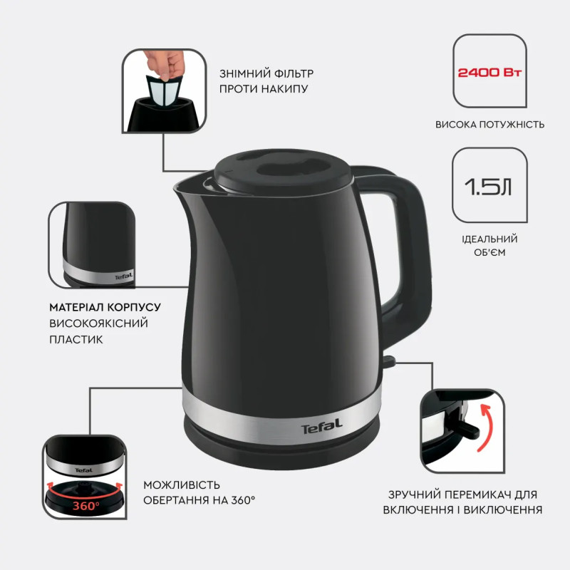Tefal Електрочайник Delfini 1.7л, пластик, сріблясто-чорний