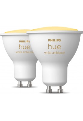 Philips Hue Лампа розумна GU10, 5W(50Вт), 2200K-6500K, Tunable white, ZigBee, Bluetooth, димування, 2шт