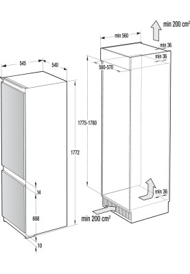 Gorenje Холодильник вбудований з нижн. мороз., 177х55х54см, 2 двері, 180(68)л, А+, NF, Зона св-ті, Дисплей, Білий