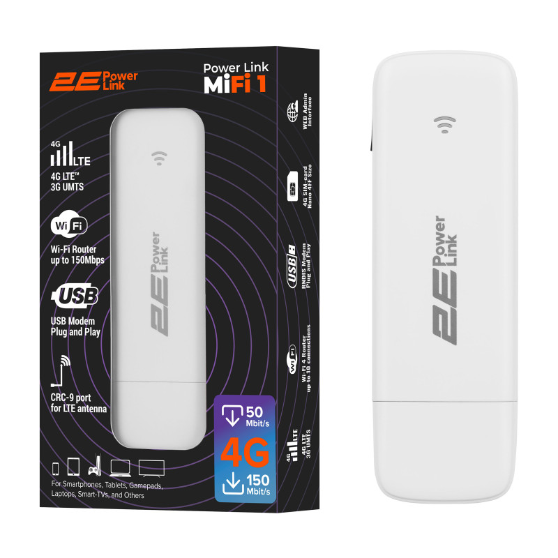 2E Мобільний маршрутизатор PowerLink (MiFi-1 2024) LTE, Wi-Fi4, 1xUSB, 1xCRC9 білий